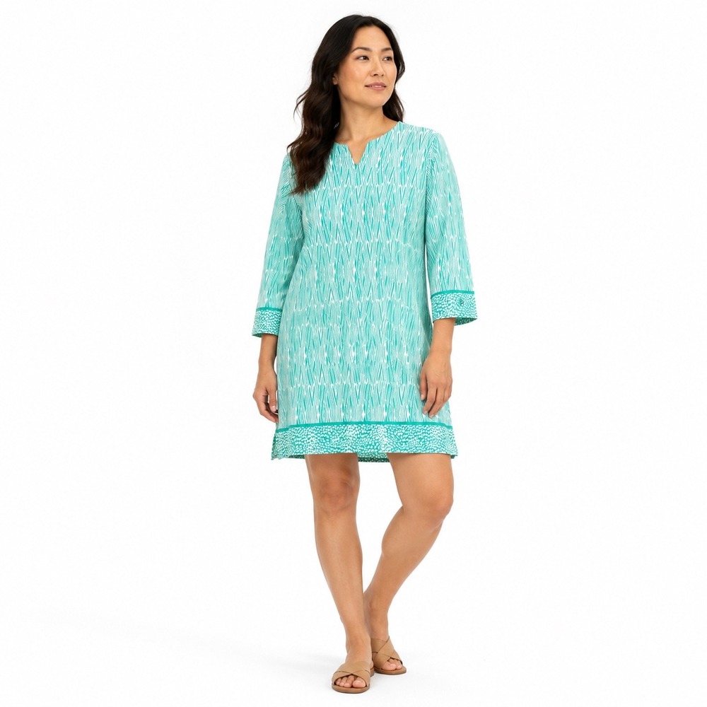Coolibar Oceanside Tunic Dress UPF 50+ Cotton Teal Resort Boho Coastal Womens L